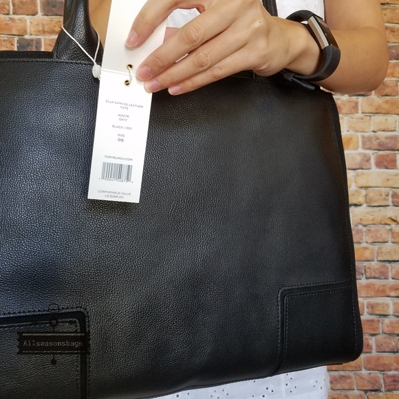 Tory burch ella canvas leather tote black bag - Picture 3 of 8